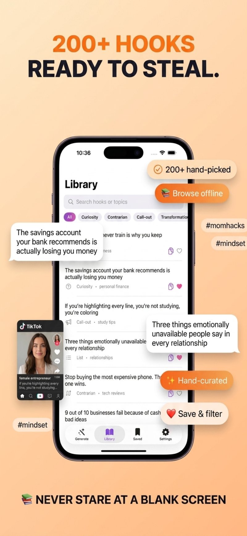 HookLab AI 200+ curated hooks library